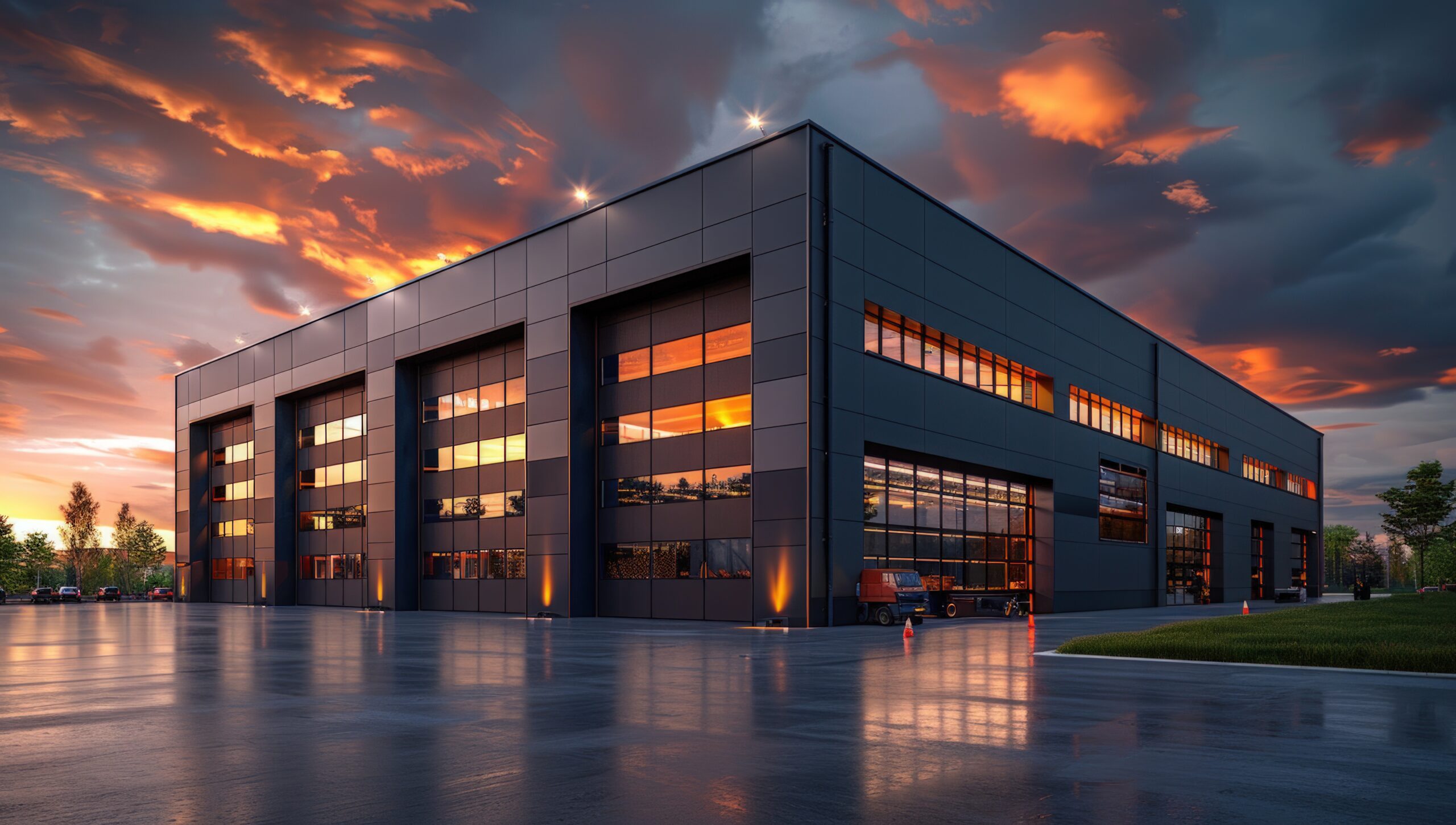 Modern industrial building at sunset architecture and warehouse design